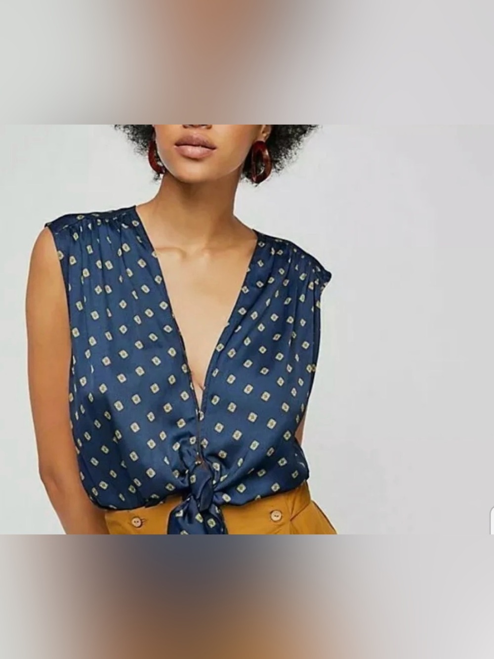 Free People Navy Printed Tie-Front Sleeveless Blouse